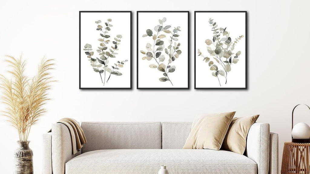 Large Framed Botanical Wall Art - Eucalyptus Leaf Wall Decor Set of 3 Taupe Simple Life Painting Prints