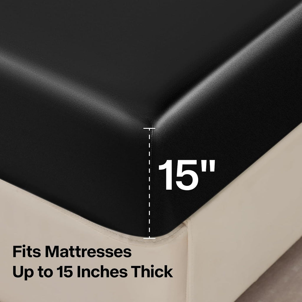 Satin Sheets Queen Bed Set, Luxury Soft Black Silky Sheets for Hair and Skin, Similar to Silk Bed Sheets Set 4 Pieces