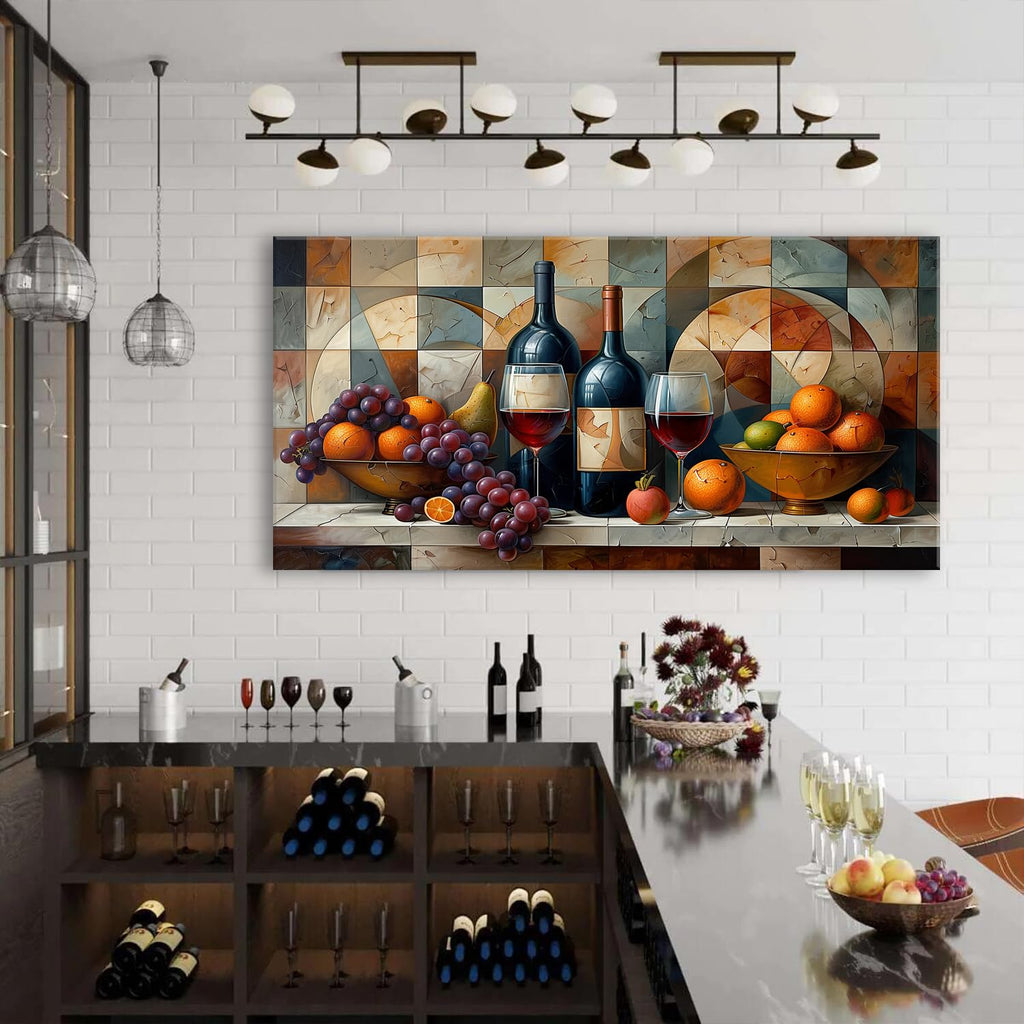 Geometric Kitchen Wall Art Abstract Wine Canvas Prints Red Wine Glass and Fruit Pictures Rustic Farmhouse Still Life