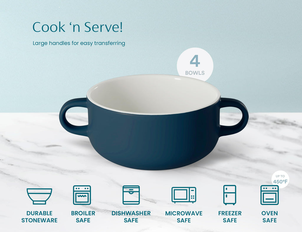 Soup Crocks, Ceramic Bowls, Broil, Oven, Microwave and Dishwasher Safe, with Handles, For Casserole, Pasta, Cereal