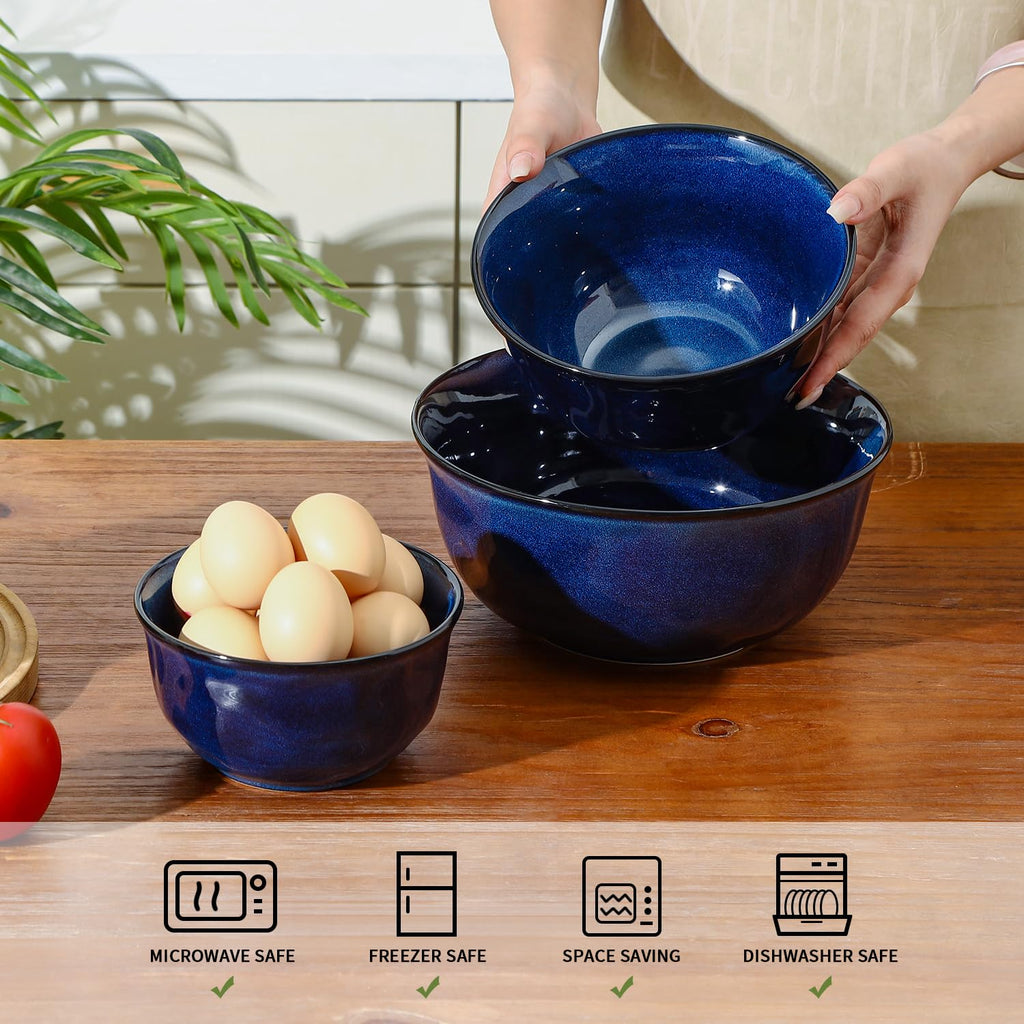 Ceramic Mixing Serving Bowl Set: Nesting Stoneware Kitchen Decorative Large Bowls for Prepping, Baking - Microwave