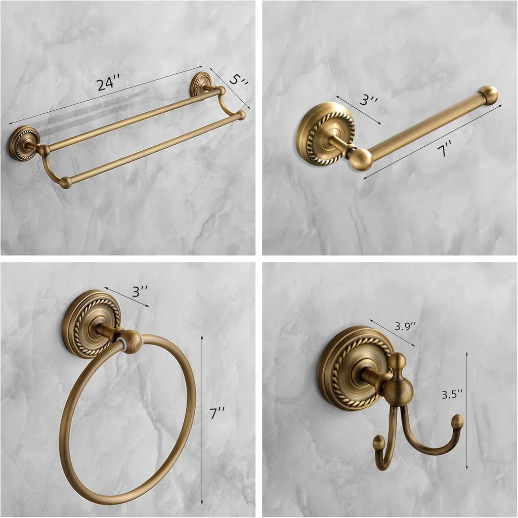 4 Piece Antique Brass Gold Bathroom Accessories Set - 24" Towel Holder, Antique Bar Brass Bath Accessories - Wall