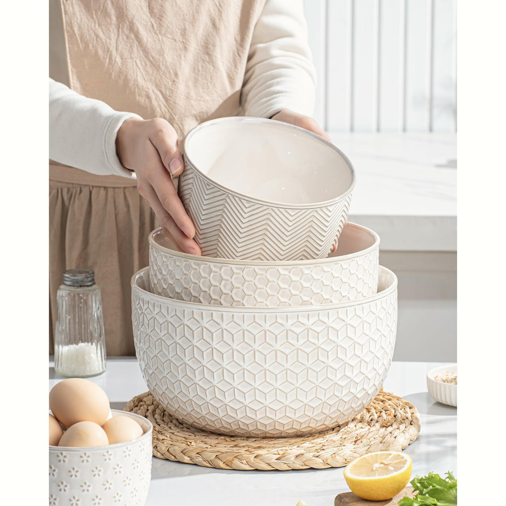 Ceramic Mixing Bowls, Embossed Nesting Bowls Set of 4, Mixing Bowl Set for Serving, Baking, Cooking and Gift