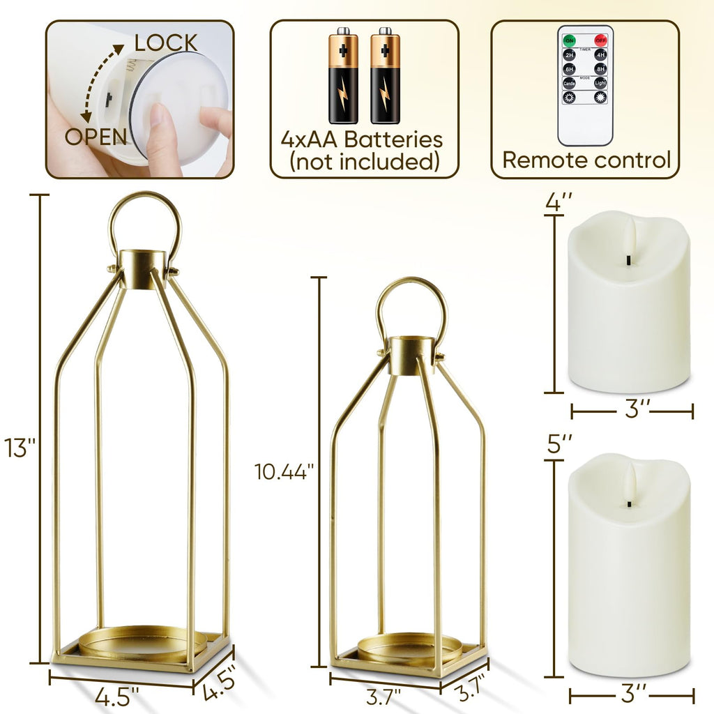 Modern Farmhouse Gold Metal Lanterns 2PCS with Flameless Candle