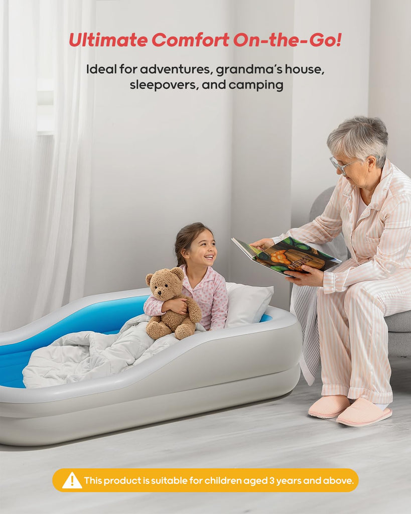 Inflatable Toddler Travel Bed with 3-Sided, Extra Large, Blue