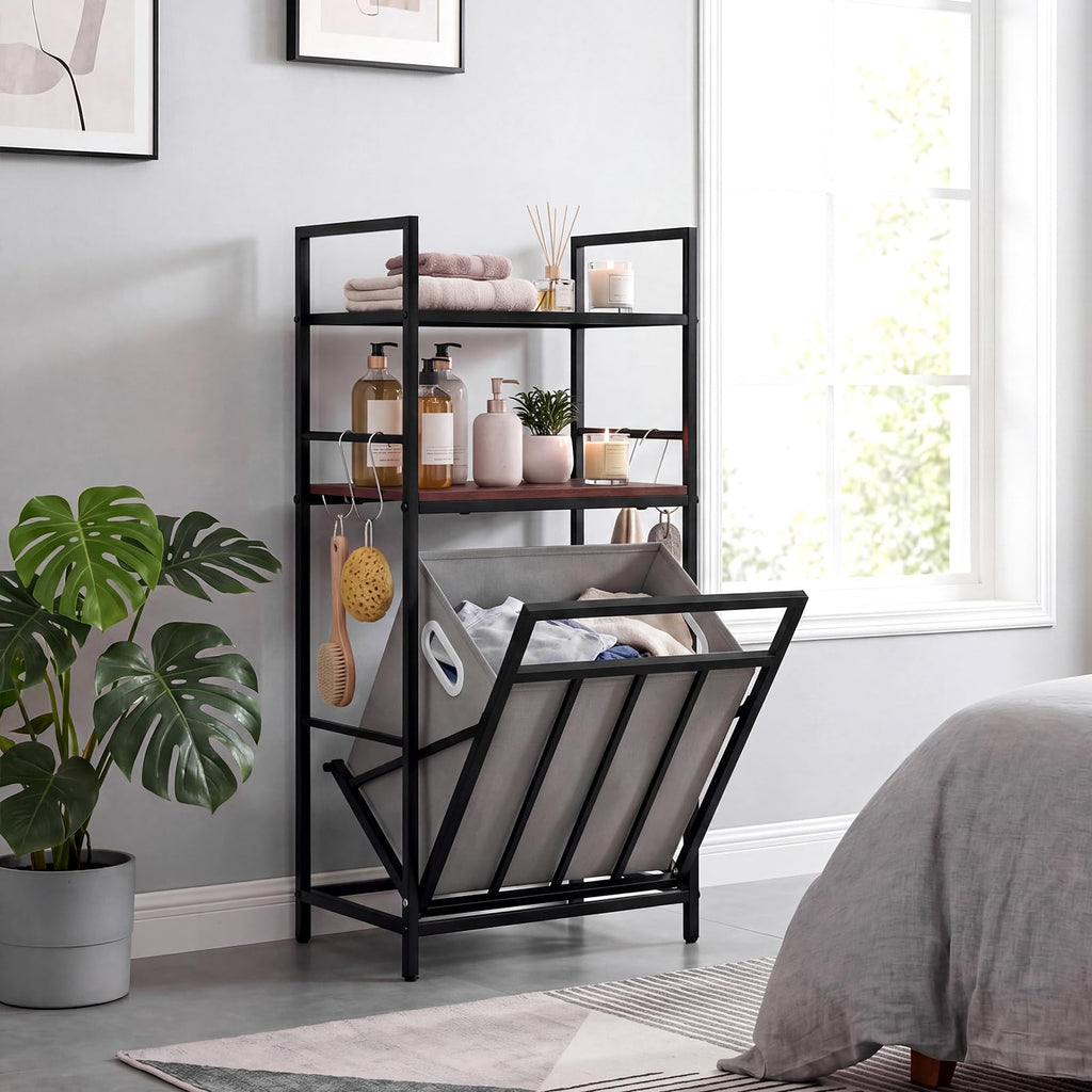 Tilt out Laundry Hamper, Space Saving Bathroom Storage Cabinet with Removable Basket, 2 Open Shelves & 4 Side Hooks