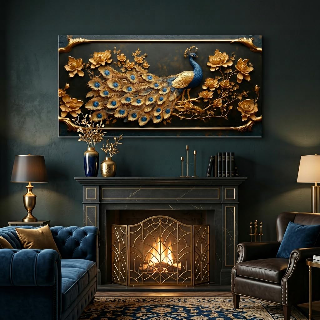 Pretty Peacock Wall Art Office Gold Country Rustic Retro Asian Canvas Painting Prints Golden Vintage Elegant Peackock