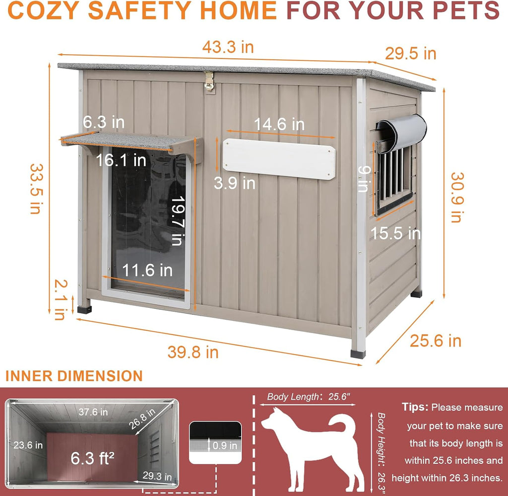 Outdoor Dog House Weatherproof, Wooden Puppy Shelter with Anti-Chewing Iron Frame and Elevated Floor, Sturdy Dog