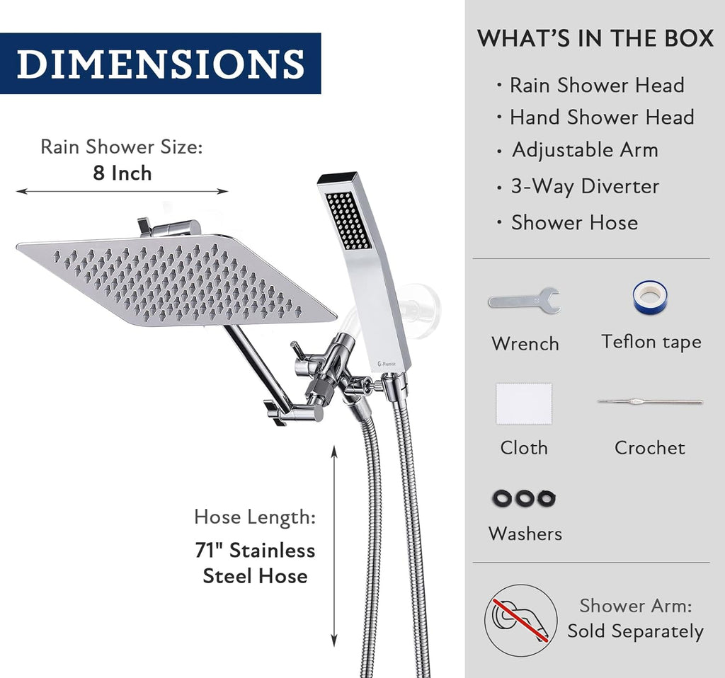 All Metal 8 Inch Dual Square Shower Head with Handheld Spray Combo, Rain Shower Head, Adjustable Extension Arm