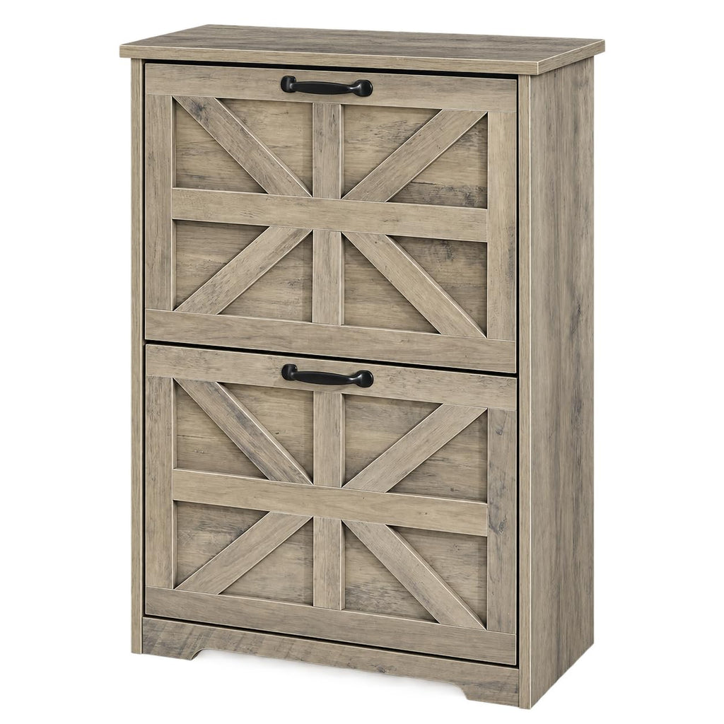 Farmhouse Narrow Shoe Storage Cabinet, Space-Saving Freestanding Shoe Rack Cabinet with 2 Flip-Up Drawers, Hidden