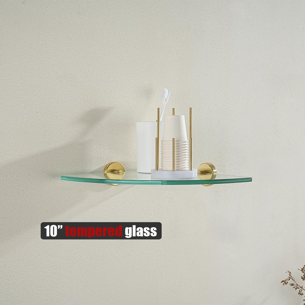 Corner Glass Shelf, Brushed Gold Bathroom 304 Stainless Steel Shower Triangle Floating Wall Shelf, 10 x 10 Tempered