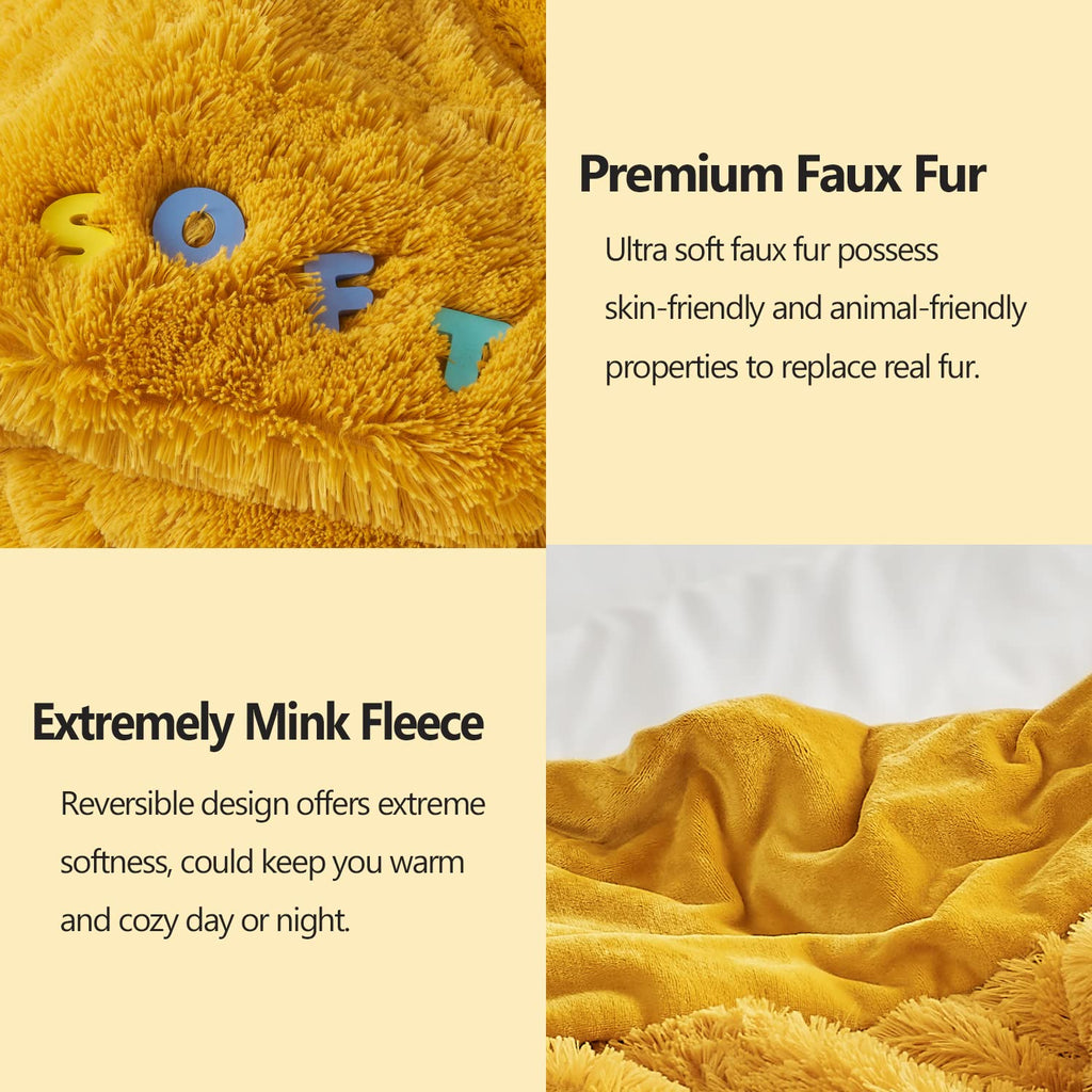 Fuzzy Faux Fur Queen Blanket for Couch, Mustard Yellow, 90"x90"