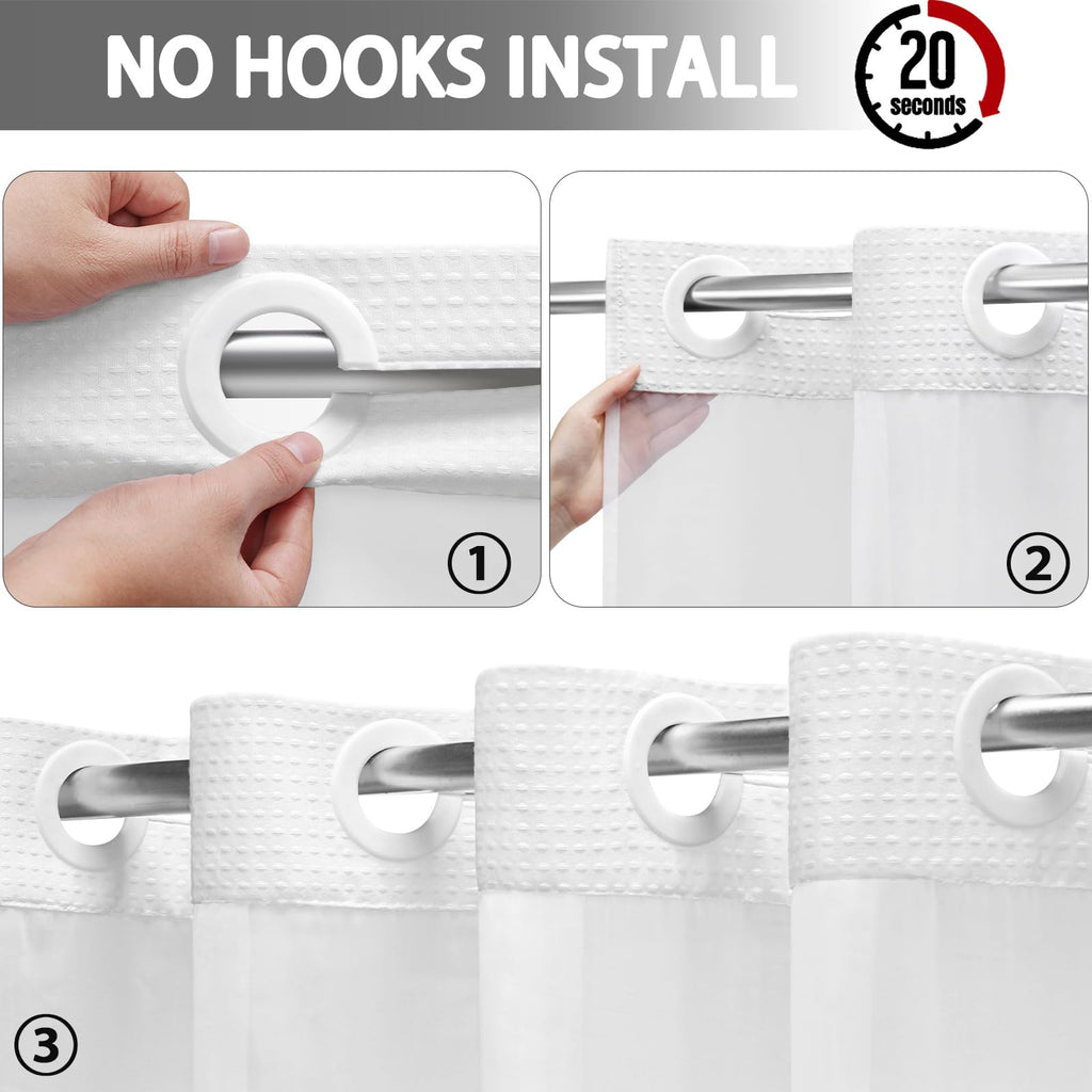 No Hook Shower Curtain with Liner Set Hotel Waffle Curtain White 48W X 75L