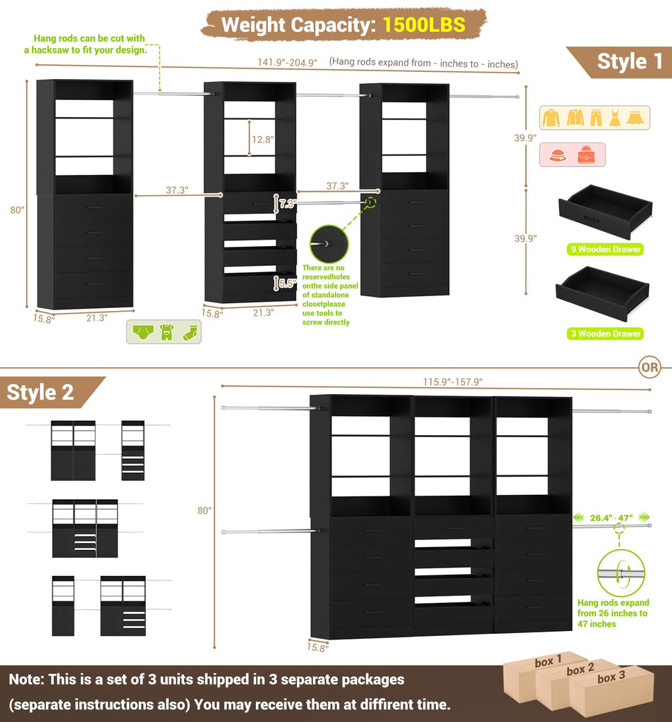 Closet System with 12 Drawers, 8.5-11.5Ft Closet Organizer System