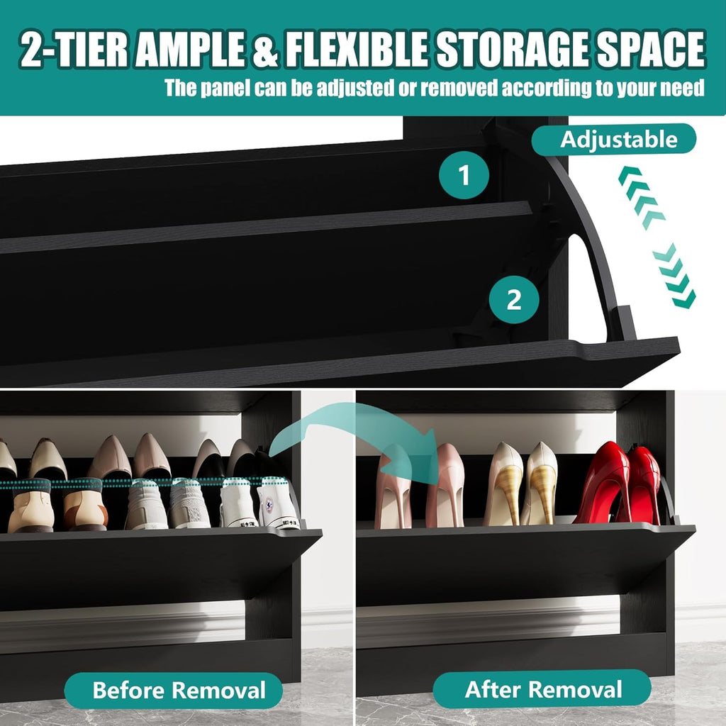 Shoe Storage Cabinet with 2 Flip Drawers, Wood Freestanding Hidden Shoe Storage, Sturdy Narrow Slim Shoe Organizer