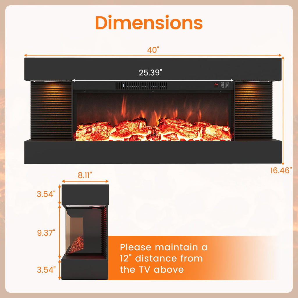 3 Sided Wall Mount Electric Fireplace w/ 40" Floating Mantel, Black