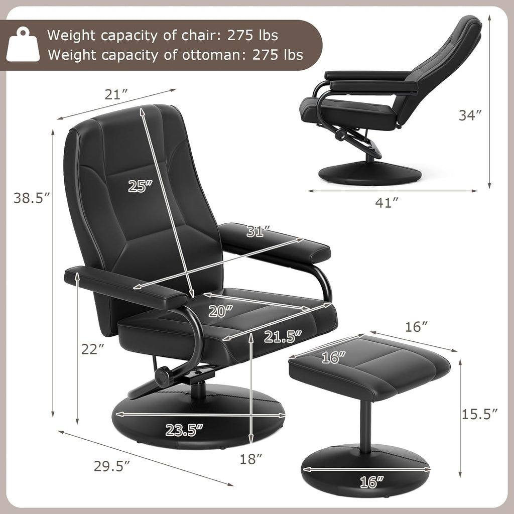 Modern Reclining Swivel Lounge Chair and Ottoman — Black Faux Leather