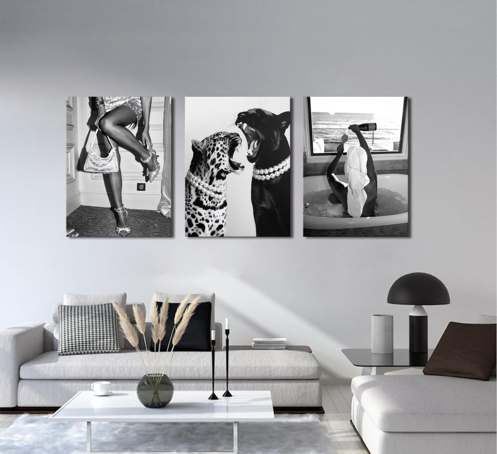 Bathroom Fashion Leopard Print Black and White Canvas Wall Art Trendy Women Posters Paintings Luxury Feminist