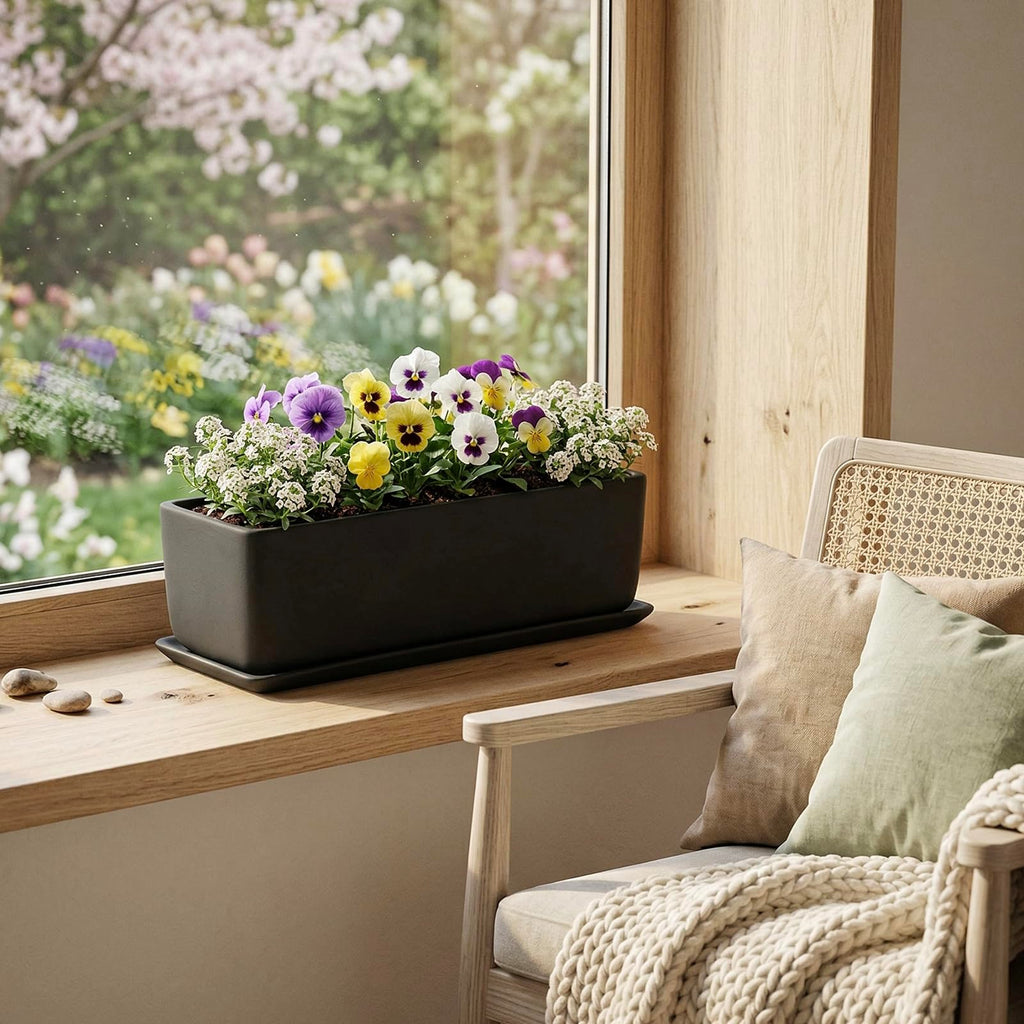 14 Inch Matte Black Ceramic Rectangular Succulent Planter