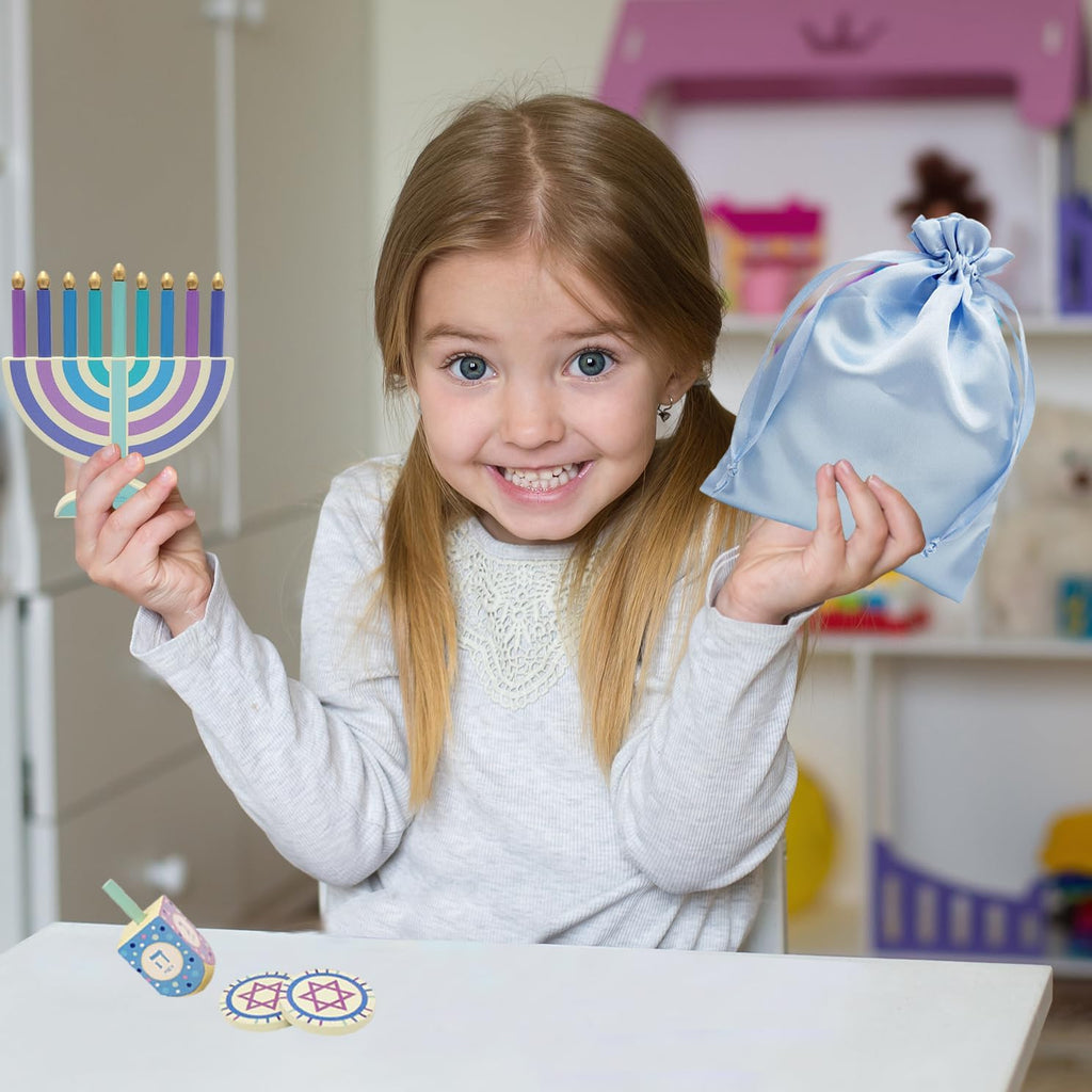 Mini Pastel Hanukkah , 2-Pack 5" Inch Children Wooden Chanukah Set with Removable Wooden Candles, 3" Inch Dreidel - Set of 2