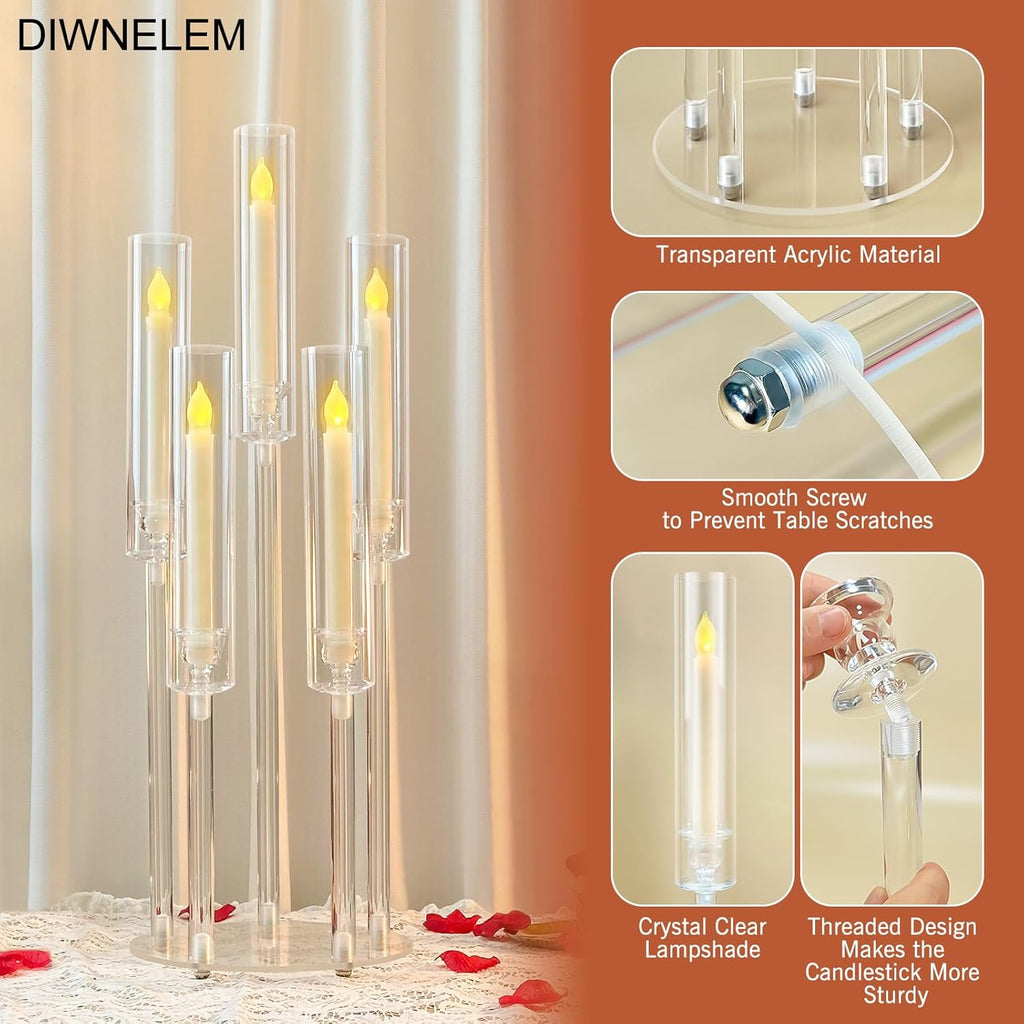4Pcs Acrylic Candelabra Centerpieces 25.5" Tall Crystal Taper Candlestick with Shade Fit 0.87'' Led Candle