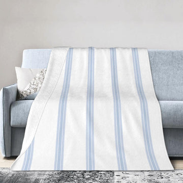 Vintage French Ticking Stripe Pattern Blue White Reversible Flannel Throw Blanket - Ultra Soft Lightweight 40"X30"