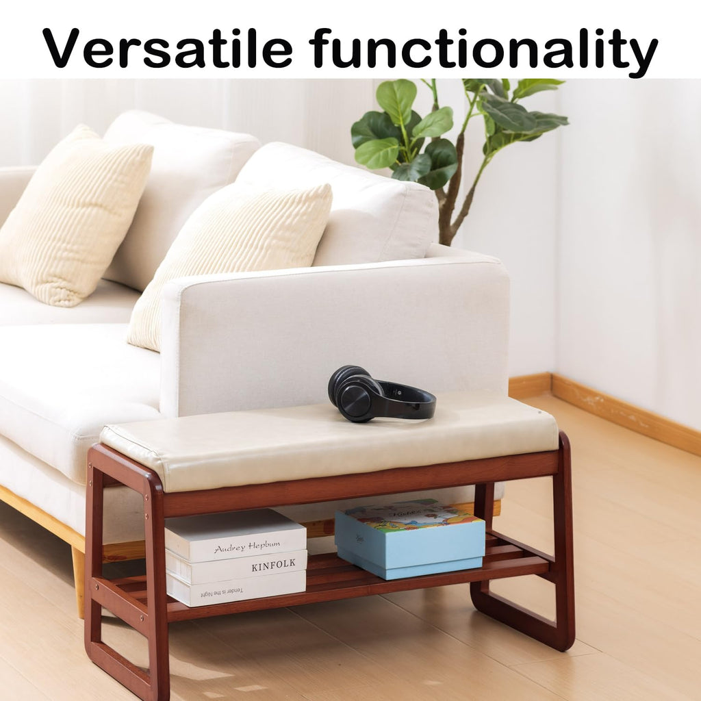 2-Tier Solid Wood Shoe Rack Bench, Beige, 39.4inches
