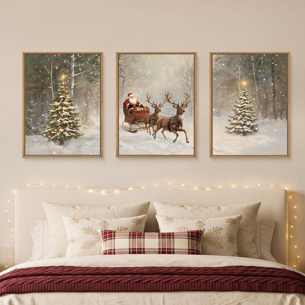Christmas Santa Reindeer Framed Canvas Wall Art Set, Vintage Trees Snowy Wall Decor, Sleigh Deer Forest Winter Wall