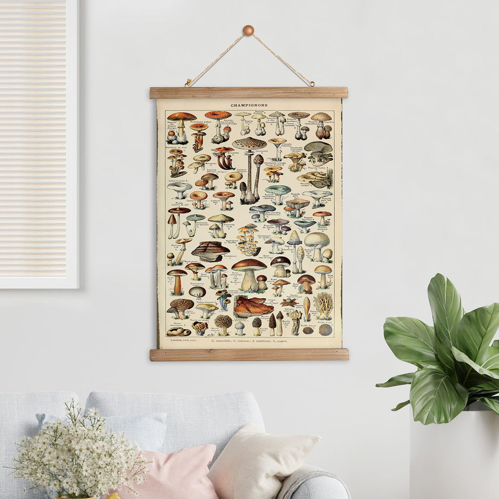 Vintage Mushroom Poster with Wooden Frame - Classic Botanical Print with Variety of Fungi Species - Retro Style Wall