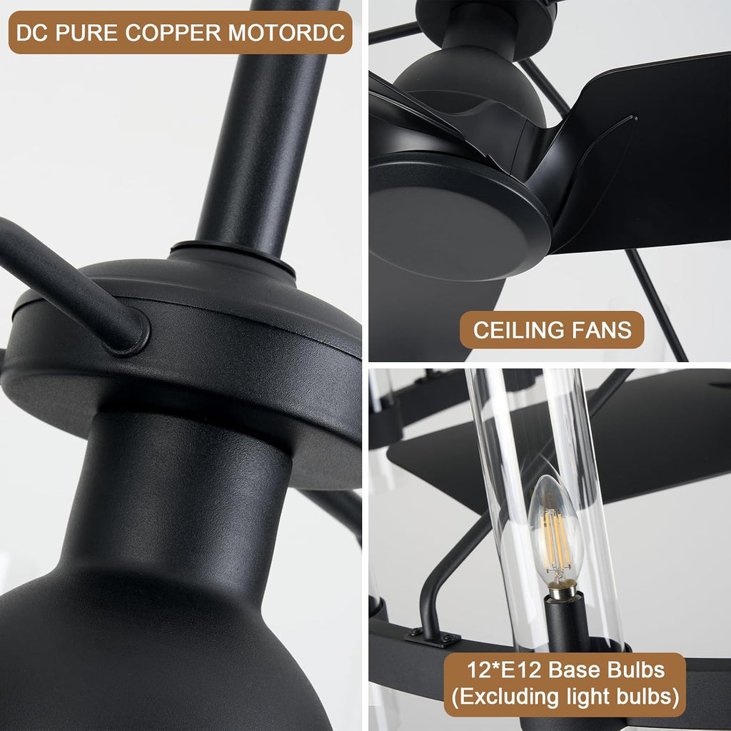 Black Ceiling Fans with 12 Lights Wagon Wheel Chandelier, 38 Inch Modern Farmhouse Fandelier, Quiet 6-Speed Reversible DC Motor, 1/2/4H Remote Timing for Living Room/Bedroom/Kitchen A115-B0F5M79C12