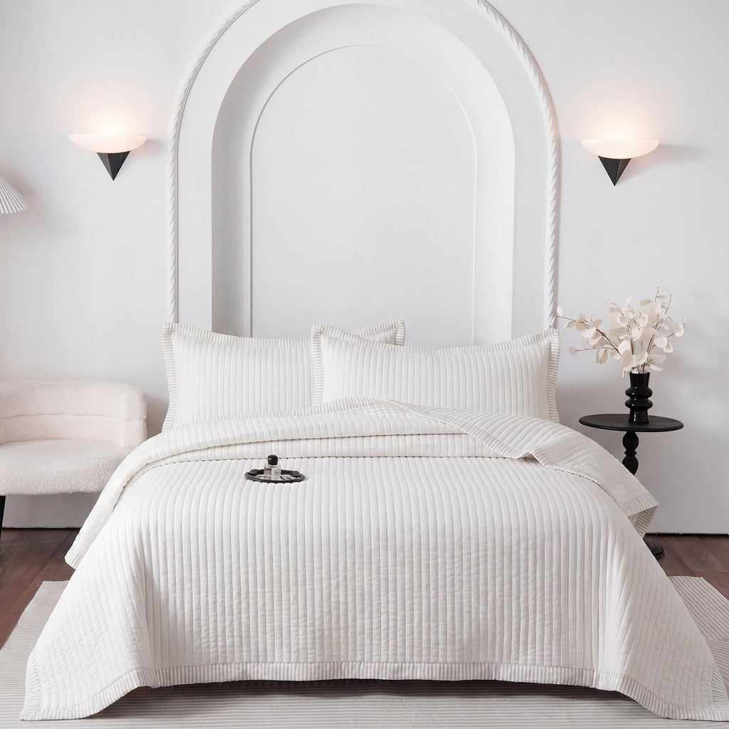Beige Quilt Set, Striped Quilt Set Lightweight Microfiber Bedspread Coverlet, Farmhouse Bedding with Pillow