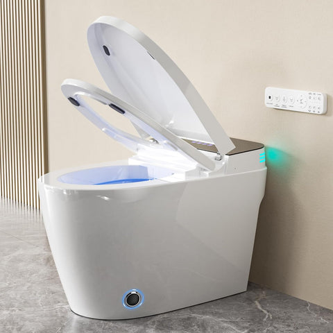 Smart Tankless Toilet with Built-In Bidet, Heated Seat, Warm Water, Air Dryer, LED Temperature Display, Auto Flush, Foot Sensor