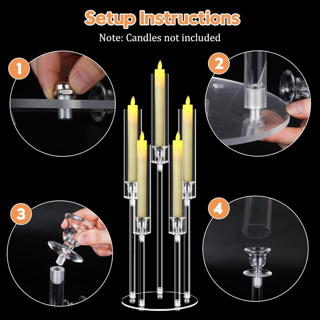 4 Sets 5 Arms Acrylic Candelabra Centerpieces for Tables,Clear Candle Holder,Ceremony Dinner Party, 27" Tall