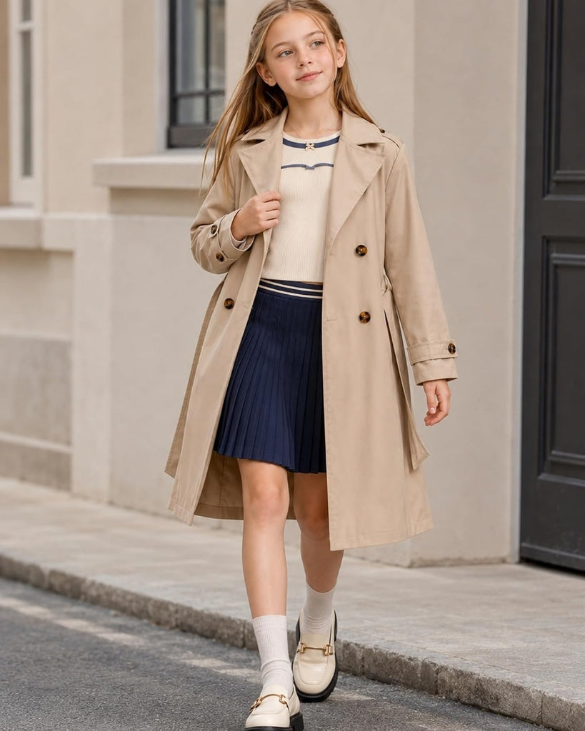 Girl Long Trench Coat Double Breasted Windproof Jacket With Belt