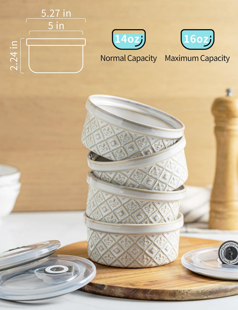 Ceramic Souffle Small Baking Dishes for Oven, 16oz Charcuterie Bowls Creme Brulee Set with Lids, Pudding Custard Cups