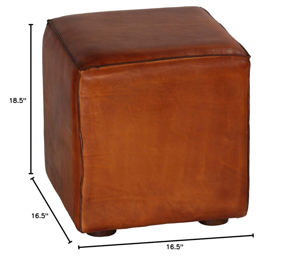 Sands Genuine Leather Cube Ottoman, Saddle Brown