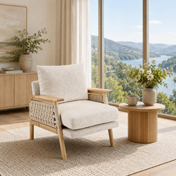 Mid-Century Modern Accent Chair, Woven Rope Arms, Beige