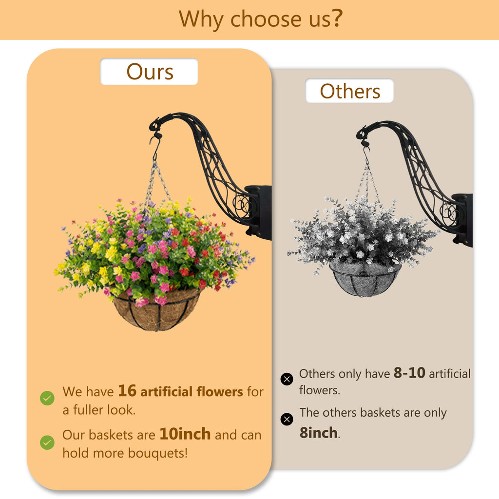 Artificial Hanging Flowers Basket for Outdoor, 16 Fake Flowers Look Real UV Resistant, Faux Hanging Plants for Porch