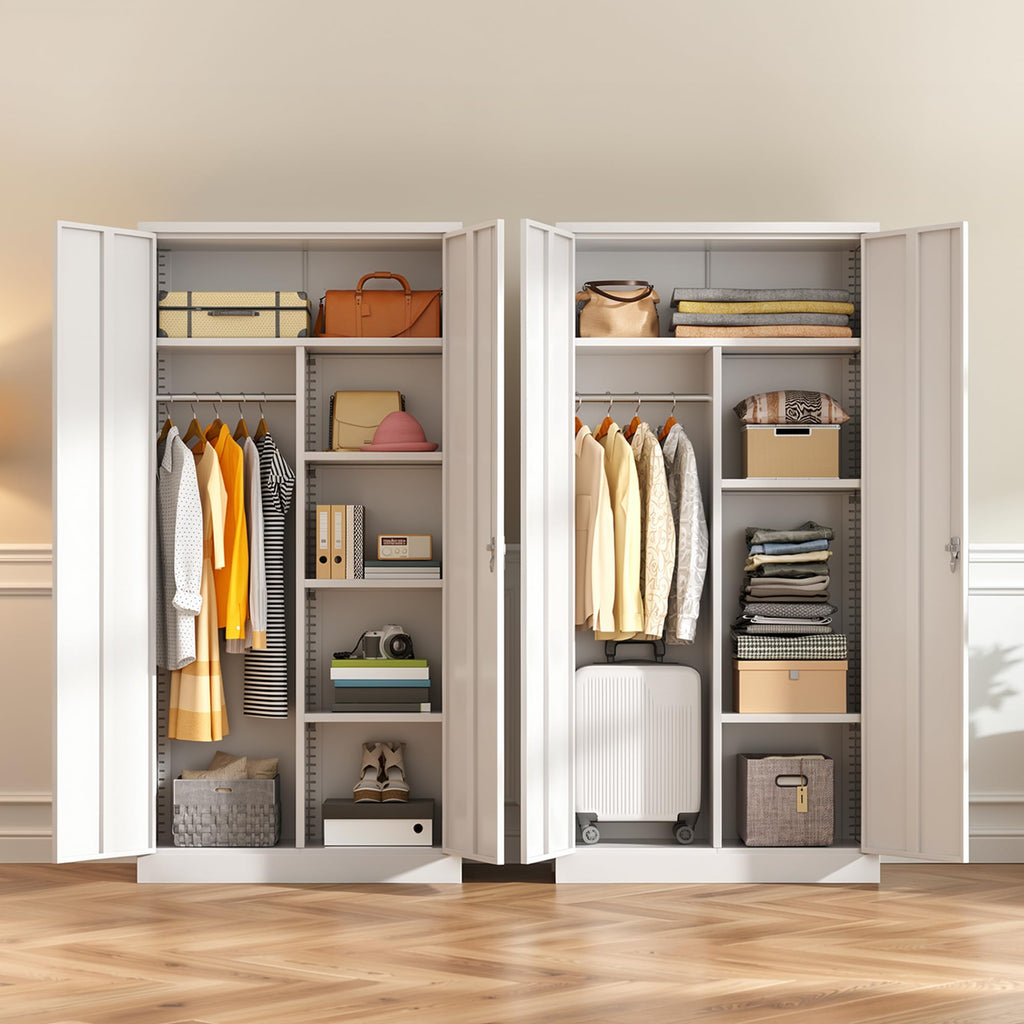Metal Wardrobe Cabinet with Locking Doors, 72"H White Metal Wardrobe Closet with Hanging Rods and Adjustable Shelves