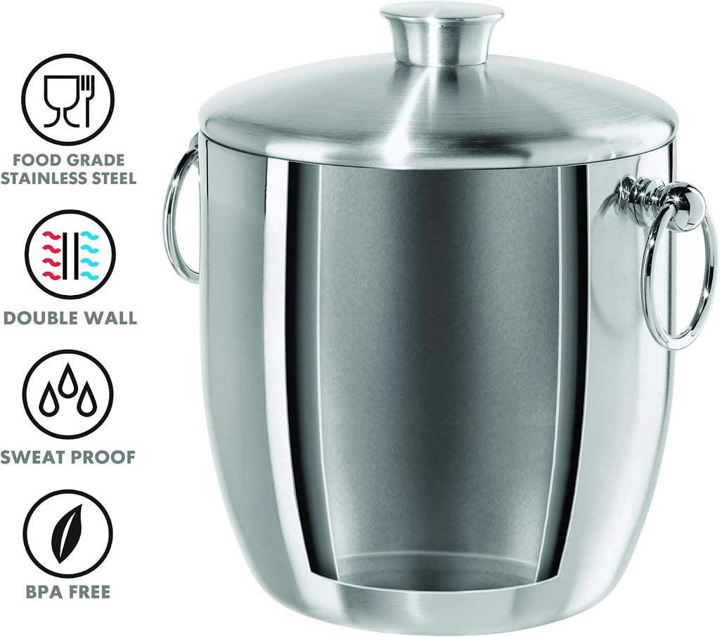 Double Wall Stainless Steel Ice Bucket - Insulated Ice Bucket with Elegant Steel Lid, Classic Handles & Stainless