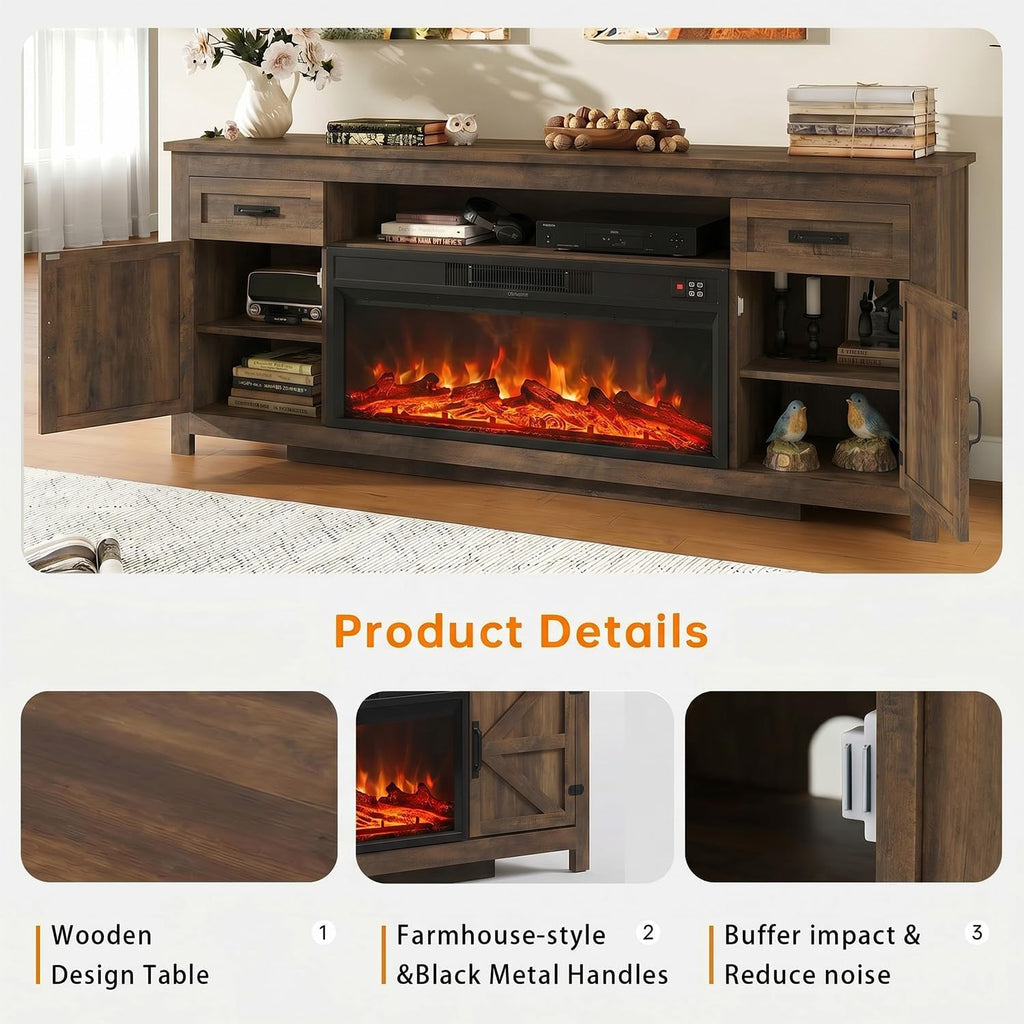 Fireplace TV Stand, 70" Farmhouse TV Stand with Barn Door for 80" TVs, Entertainment Center with Black Fireplace &