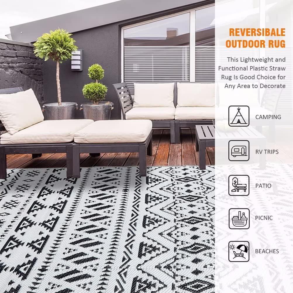 Outdoor Rugs 9'x12' s Clearance Waterproof Black&White 02#