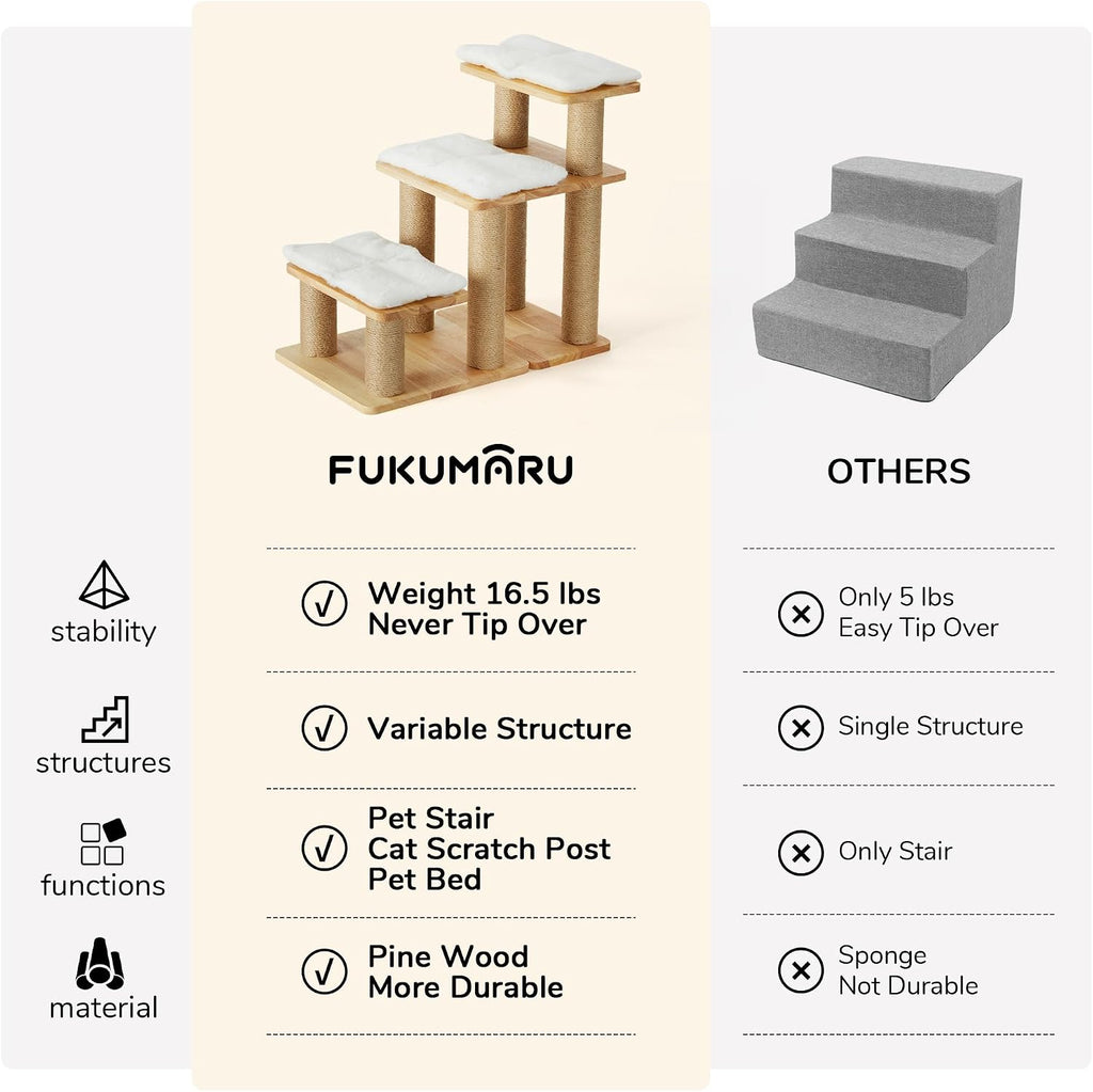 Dog Stairs, Solid Wood Pet Stairs with Cat Scratching Post