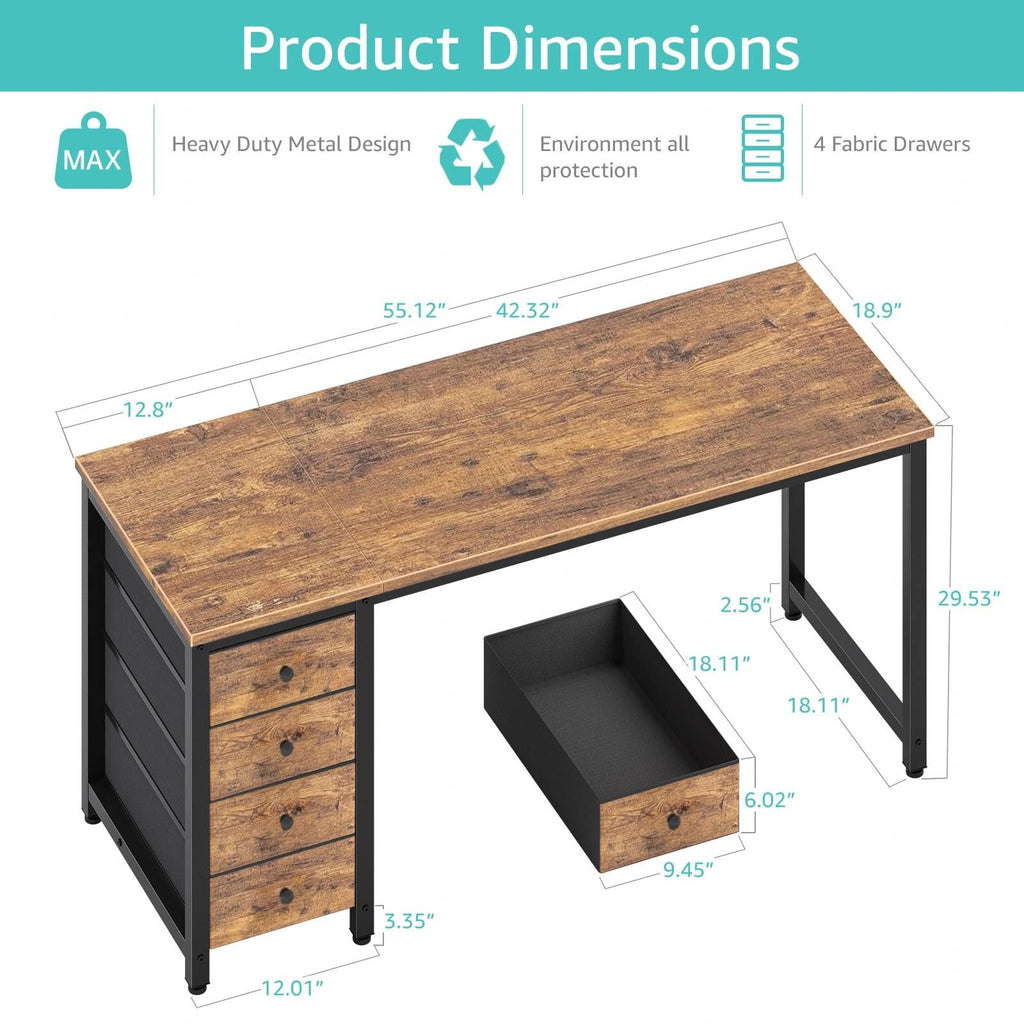 Computer Desk with Drawers - 55 Inch Long Study Work Writing Desk Bedroom, Reversible Simple Modern Cute PC Desks