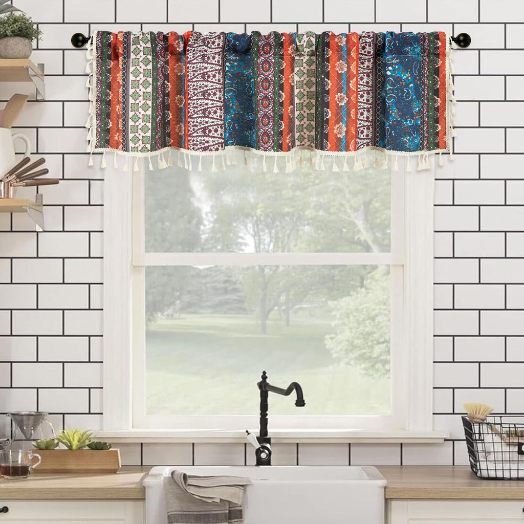 Boho Semi Blackout Kitchen Valances, Striped Geo Pattern Decorative Window Treatments with Tassel, 1 Panel Rod Pocket