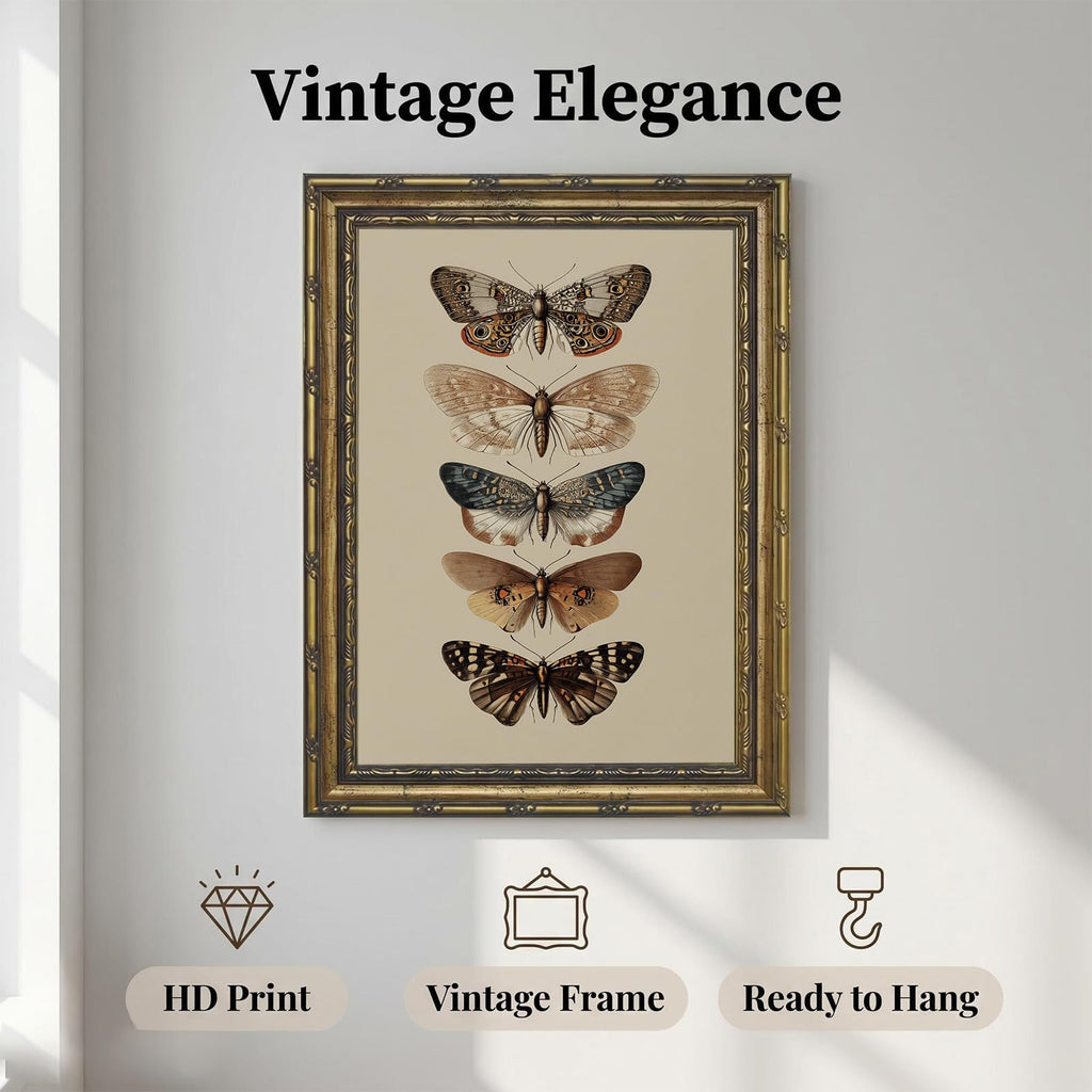Vintage Gold Framed Butterflies Wall Art, Entomology Butterfly Specimen Canvas Print, Dark Academia Wall Decor, Large
