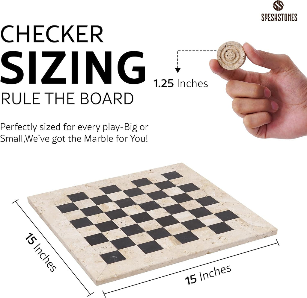 Marble Checkers Set 15 Inch Handmade Travertine & Black