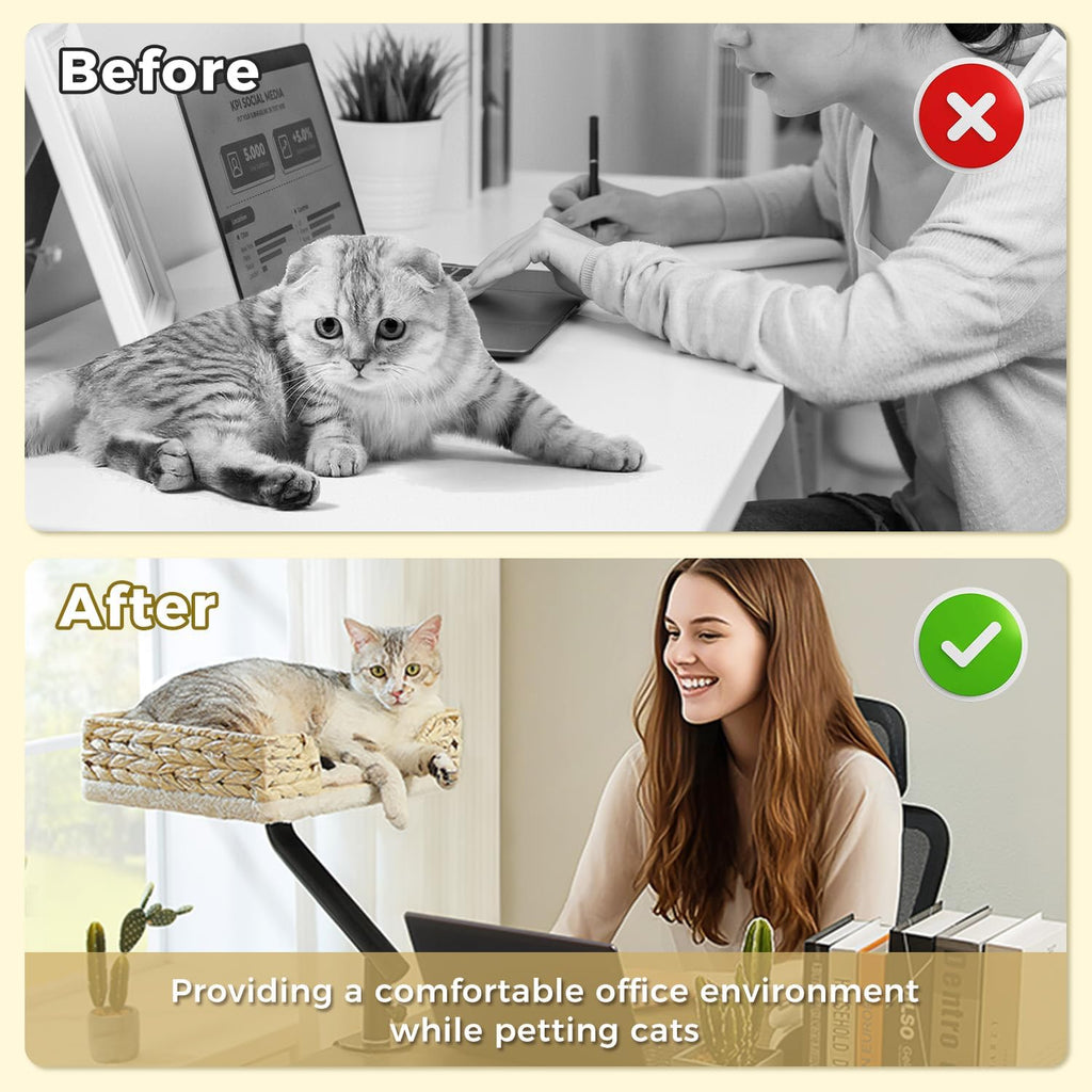 Cat Desk Bed for Indoor Cats, Wicker Cat Bed for Desk Supports Up to 50 lbs, 360° Rotation & Adjustable Soft Plush
