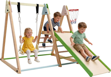 Montessori Climbing Set with Slide, Swing & Basketball Hoop, Ages 1-7