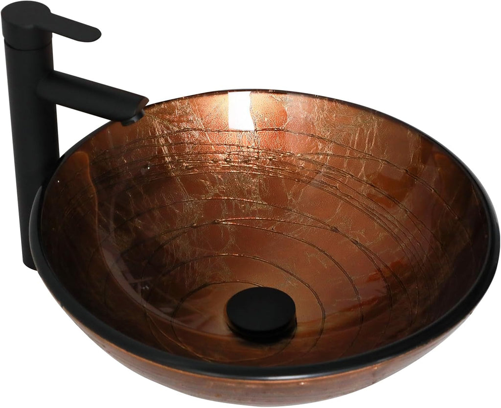 Small Bathroom Sink 17" Brwon Glass Vessel Sink With Faucet And Drain Combo Modern Round Shape Artistic Basin Bathroom